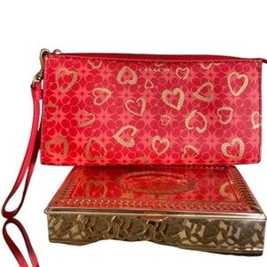 Coach Program Hearts Signature Red and Gold Wristlet Clutch